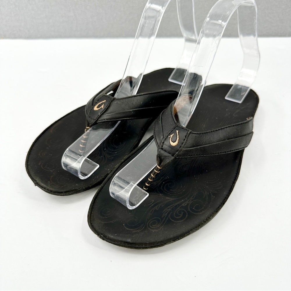 OluKai Haiku Elua Black Leather Sandals Toe Post Womens 9 EUR 39 Flip Flops Etch